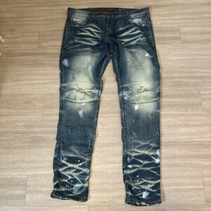 Heritage America Mens Jeans Distressed Blue Wash Moto Style Size W42 L34